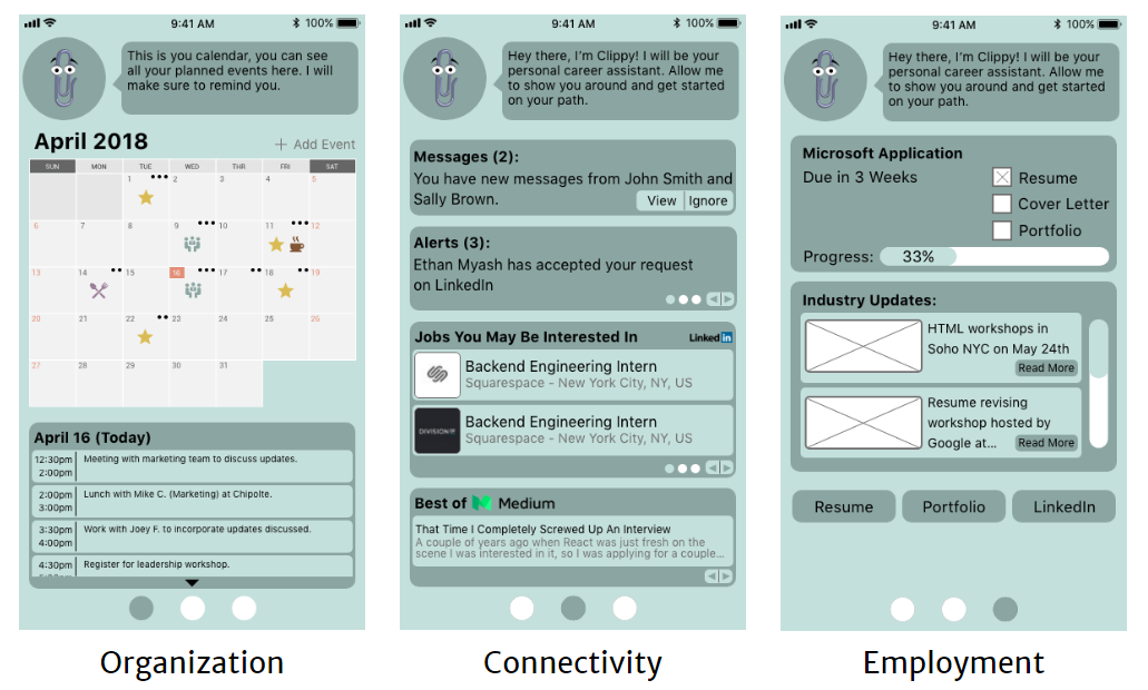 three screenshots of higher fidelity prototype in the blue theme